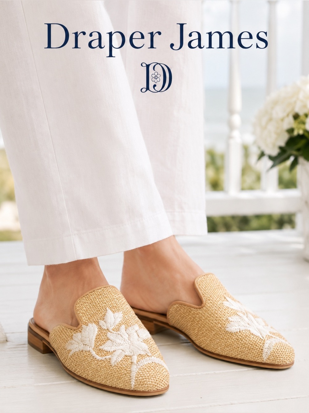 Draper James Darby Natural Straw Woven Embroidered Mules Size 8